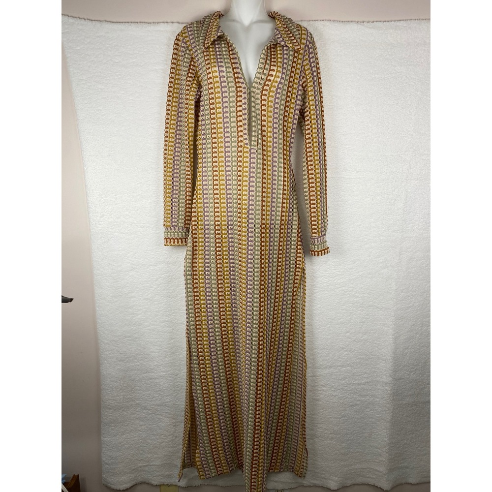 New Sunfere Crochet Maxi Dress‎ Long Sleeve V-Neck Striped Boho Rainbow Med